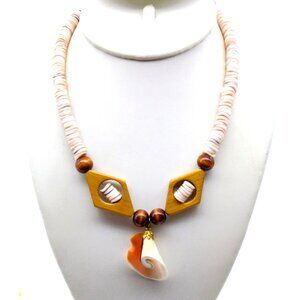 Retro Seashell Heishi Choker with Blushing Pendant and Wood Beads, Vintage Beach